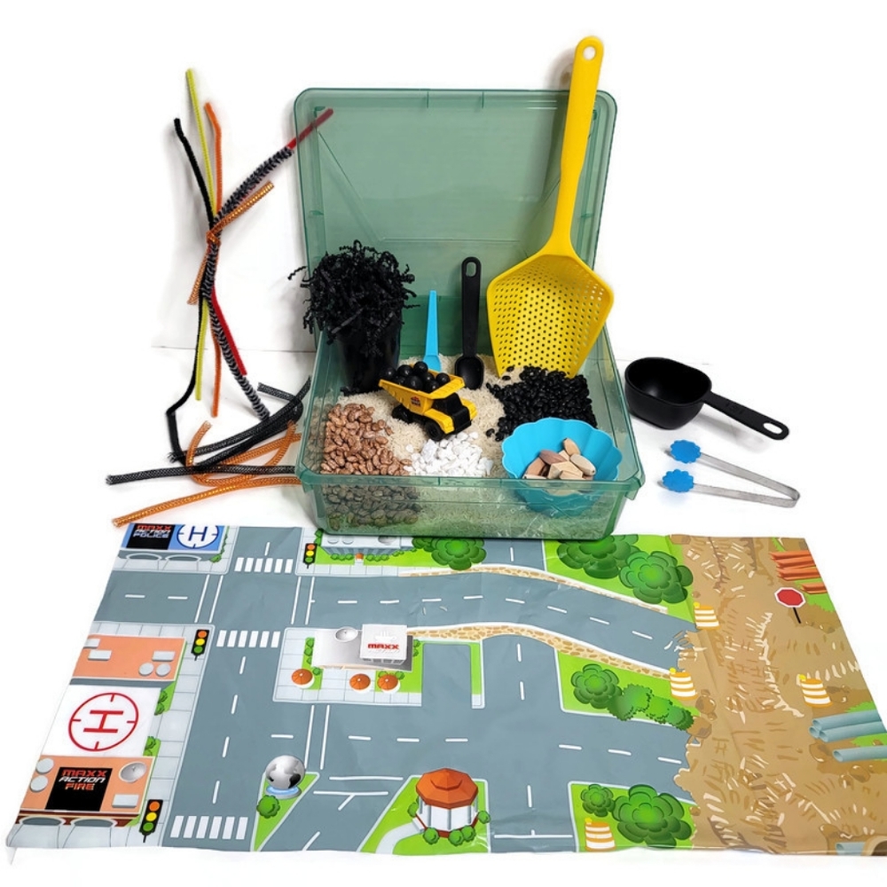 Sensory bin construction site with dump truck rocks rice beans scoops and more!